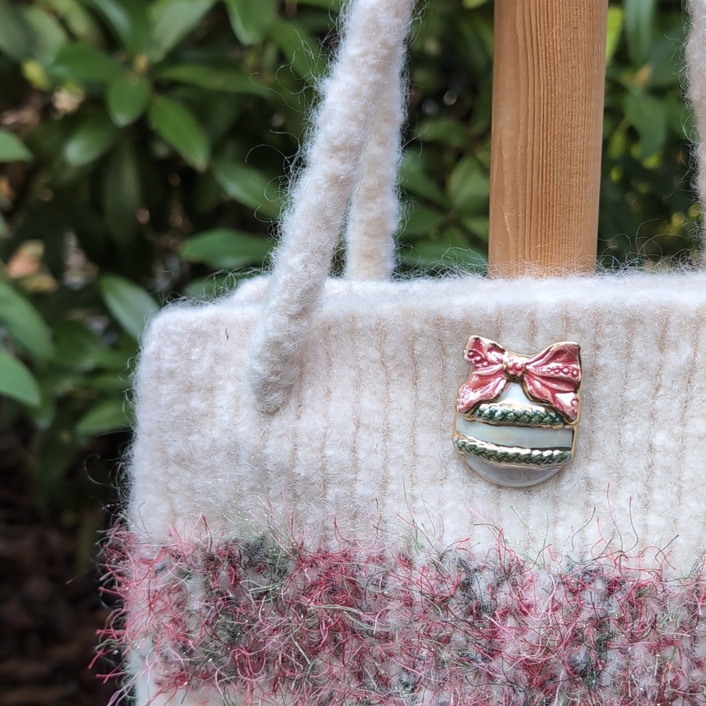 Vintage Handmade One Of A Kind Felted Wool Plushy Purse W/ Ornaments Button Y2K